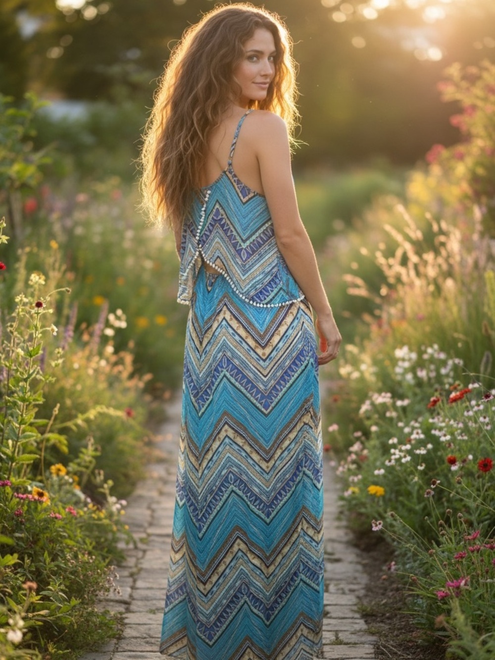 Umgee Boho Tribal Chevron Maxi Dress Blue Aztec Pompom Lined Beach Resort